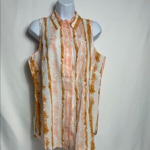 Ann Taylor Sleeveless Blouse Orange White Button Front Size Medium New Tank Top
